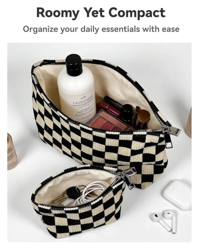 2 Pcs Checkered Makeup Bag Set Corduroy Cosmetic Pouch for Women Large & Small Cute Preppy Aesthetic Black And White Travel Toiletry Pouch Organizer for Purse Skincare Brushes - style: Checkered Black Corduroy