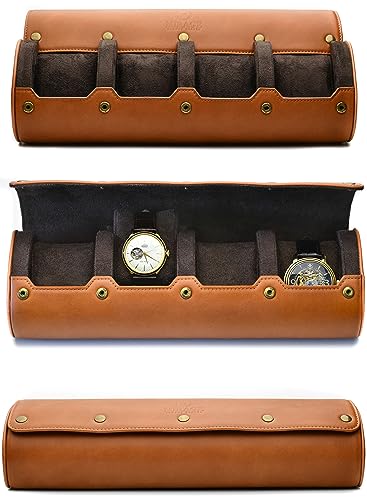 4 Watch Travel Case for Men Leather Watch Roll Case Storage for Travel - Brown Full Grain Cow Leather - color: Cow Real Leather/4-watch case