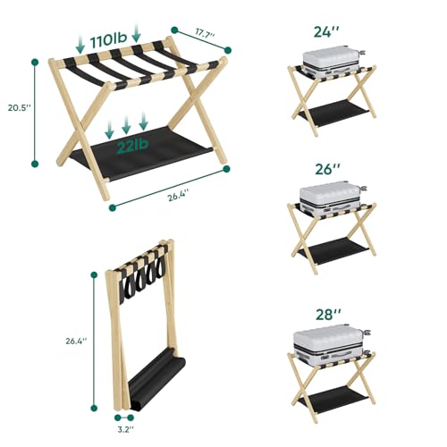 Smuxee Natural Bamboo Luggage Rack Pack of 2, Foldable Suitcase Stand with Storage Shelf, Easily Assembled Luggage Stand with 5 Nylon Straps for Guest Room Bedroom Hotel - color: Natural 2PCS