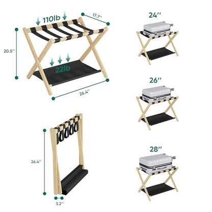 Smuxee Natural Bamboo Luggage Rack Pack of 2, Foldable Suitcase Stand with Storage Shelf, Easily Assembled Luggage Stand with 5 Nylon Straps for Guest Room Bedroom Hotel - color: Natural 2PCS