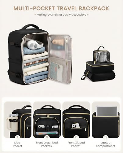LOVEVOOK 40L Travel Backpack Carry on Flight Approved, Personal Item Bag with 3 Packing Cubes, Travel Backpack for Women Fits 17" Laptop, Water-resistant Carry On Bag for Airplanes - color: Black, size: 40L-4PCS