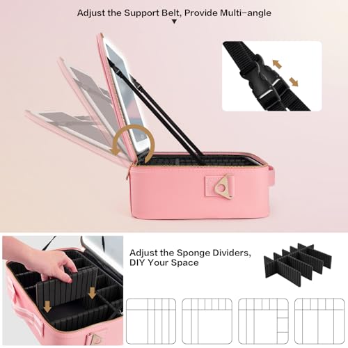 15''X11'' Large Capacity Makeup Bag with LED Mirror, Professional Makeup Case Organizer with 3 Color Light Adjustable Brightness, Travel Make up Cosmetic Case with Detachable Dividers & Shoulder Strap - color: Pink, style: Integrated