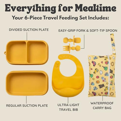 Baby Travel Essentials 6 Pc Silicone Feeding Set - Portable Toddler Plates with Suction, Baby Spoons & Foldable Bib in Carrying Case - BPA-Free Infant & Toddler Utensils for Airplanes & Eating Out - color: Yellow