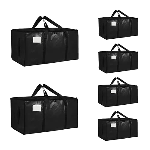 6 Pack-Extra Large Heavy Duty Moving Bags - Waterproof Storage Totes with Handles & Zippers, Foldable for College Dorm, Storage (Black) - color: Black, size: 6