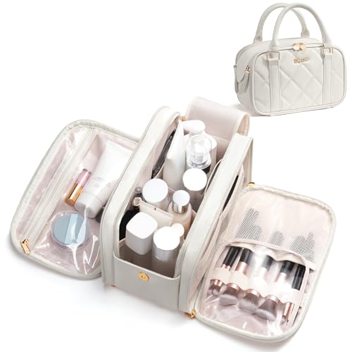 Bagstellar Travel Makeup Bag, Large Capacity Quilted Toiletry Bag for Women Stand-up Cosmetic Bag Open Flat Make Up Case Organizer Portable Pouch Purse w/Handle for Traveling Accessories Ivory White - color: Off-White