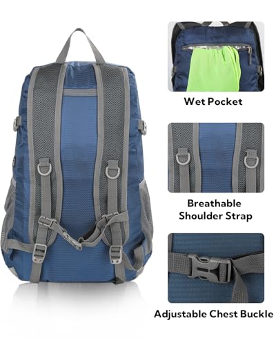 WATERFLY Lightweight Packable Hiking Backpack: 30L Foldable Travel Daypack Ultralight Camping Day Pack for Woman Man - color: Blue