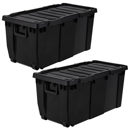 IRIS USA 32 Gallon Heavy Duty Rolling Storage Bin with Lid, 2 Pack Extra Large Stackable Industrial Tote, Lockable Container with Wheels and Secure Latches for Garage, Basement, Camping, Tools, Truck - color: Black, size: 32 Gal - 2 Pack