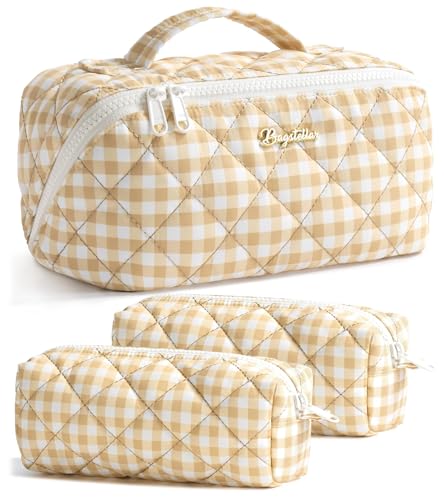 Travel Makeup Bag, 3 Pcs Large Capacity Puffy Toiletry Bag for Women, Open Flat Make up Cosmetic Organizer w/Handle & Clear Divider Water-resistant Portable Pouch Travel Essentials, M-Beige Plaid - color: Beige Plaid, size: medium