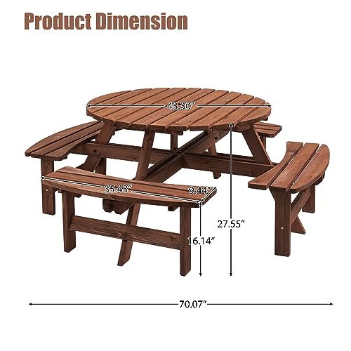 Round 8 Person Wooden Picnic Table Sets Outdoor Camping Dining Table with Seat Garden DIY w/ 4 Built-in Benches 2220lb Capacity - Brown - color: Brown-8-round