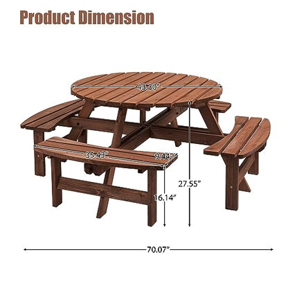 Round 8 Person Wooden Picnic Table Sets Outdoor Camping Dining Table with Seat Garden DIY w/ 4 Built-in Benches 2220lb Capacity - Brown - color: Brown-8-round