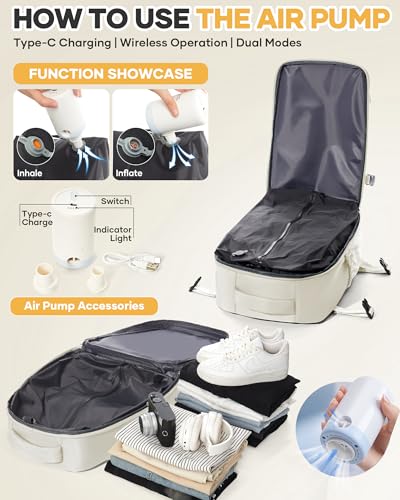 Vacuum Seal Backpack for Clothing Travel with Air Pump Waterproof Laptop Carry On Backpack Personal item Travel Essentials Compression Space Saver Bags Storage with Vacuum System Women Beige - color: Beige（with Electric Pump）