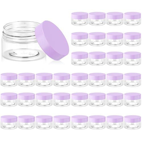 Eternal Moment 36 Pack 1 OZ Plastic Jars Round Clear Cosmetic Container Jars with Purple Lids, Perfect for Lotion, Slime，Cream, Ointments, Makeup, Eye Shadow, Samples, Pot, Travel Storage - color: Purple Lid, size: 1 Ounce