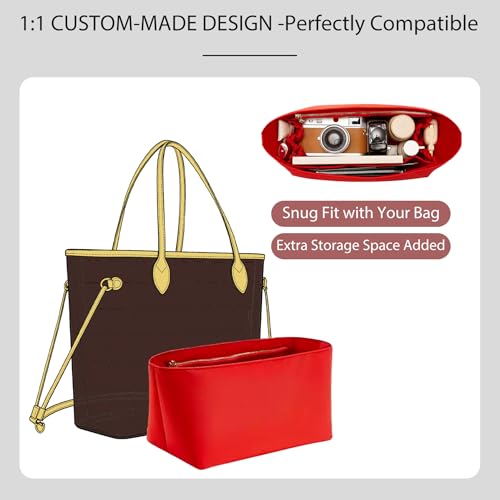 Soft Nylon Purse Organizer Insert for Lv Neverfull MM Tote Bag, Waterproof Lightweight Luxury Neverfull MM Organizer Red, Handbags Divider Inner Shaper with Cup Holder & Zipper Pocket - color: Red