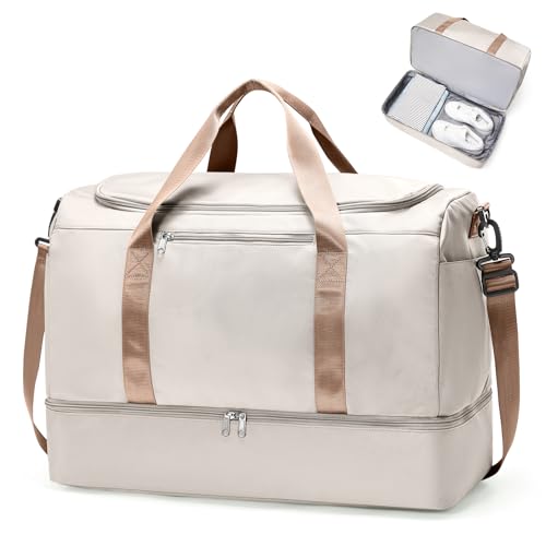Extra Large Travel Duffle Bag,Carry on Overnight Weekend Bag with Shoes Compartment,Weekender Bags for Women for Travel Business Trips Sport Hospital - color: Beige & Brown, size: Extra Large