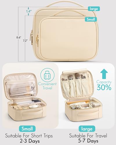 VLANDO Travel Makeup Bag,Portable Cosmetic Bag Makeup Case Organizer, Makeup Bag with Adjustable Dividers for Women,Girls,Wedding,Cosmetic Brushes,Toiletry,Gifts,Anniversary-Beige - color: B.White-Medium