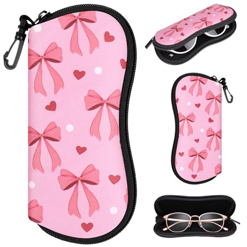 Sunglasses Case with Belt Clip, Ultra Light Neoprene Zipper Soft Padded Glasses Case for Women Men - color: Pink Bow