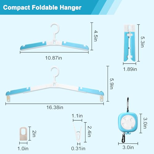 6 Pack Fodable Travel Hangers with Clips & Adjustable Clothesline, Portable Collapsible Hangers with Storage Bag for Suitcase, Hotel, RV, Cruise Essentials Set (Blue) - color: Blue