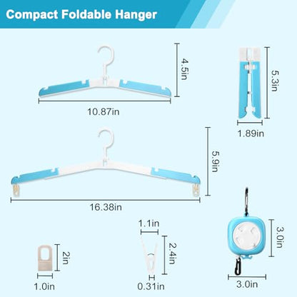 6 Pack Fodable Travel Hangers with Clips & Adjustable Clothesline, Portable Collapsible Hangers with Storage Bag for Suitcase, Hotel, RV, Cruise Essentials Set (Blue) - color: Blue