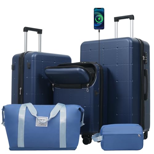 Merax Luggage Sets 5 Piece, Hardside 20" Half-opening Carry On Suitcase Set with USB Port,Lightweight Travel 24" 28" Luggage with Bags TSA Locks Double Spinner Wheels,Blue - color: Blue, size: 3 piece(20front open+24+28+bags)