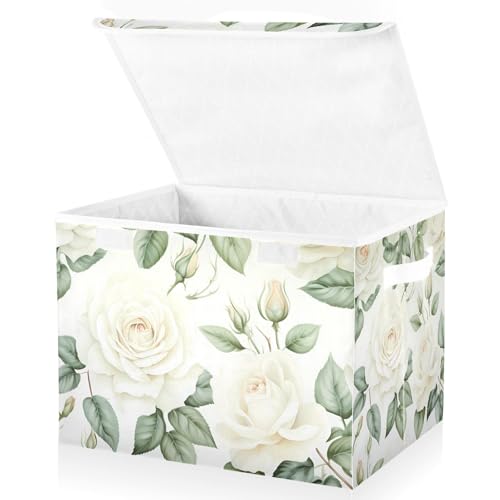 Flower Baskets Collapsible Storage Bins with Lids, White Rose Flower Storage Boxes Clothes Baskets for Organizing - color: Rose 3