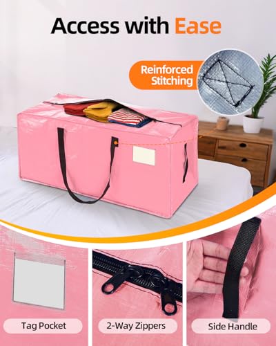 6 Pack Extra Large Moving Bags, Heavy Duty Packing Bags with Zippers and Handles for Space Saving, Clothes Storage, College Essentials, Travel, Pink
