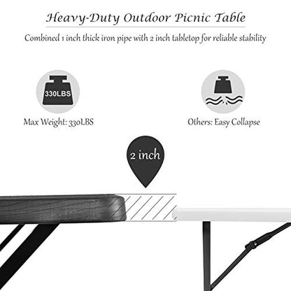Giantex Picnic Bench Set Outdoor Camping All Weather Metal Base Wood-Like Texture Backyard Poolside Dining Party Garden Lawn Deck Large Picnic Tables for Adult (Black) - color: Black