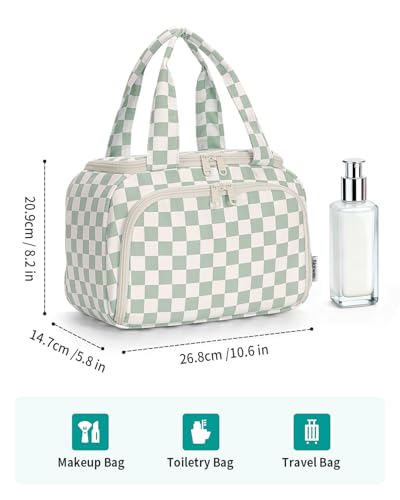 Narwey Checkered Travel Toiletry Bag for Women Large Makeup Bag, Wide-open Cosmetic Make Up Organizer with Handle, Travel Bag for Toiletries, Essentials, Accessories (Mint Green Checkerboard) - color: Mint Green Checkerboard