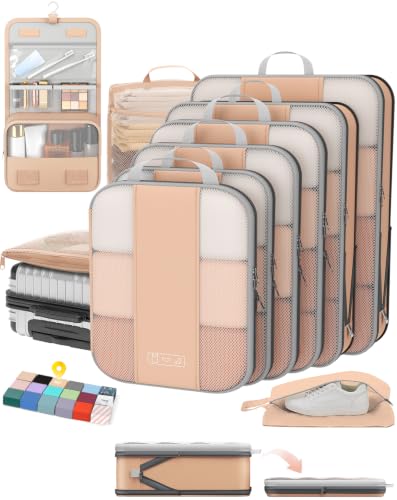 OlarHike 10-Pack Compression Packing Cubes for Travel Essentials,Compressible Expandable Packing Cubes for Suitcase,Luggage Garment Bags for Travel,Handy Helper for Organizing Clothes(Gold) - color: Gold