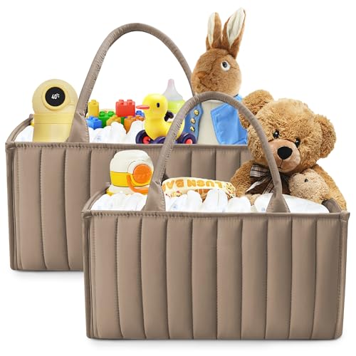 SWEET DOLPHIN 2-Pack Quilted Diaper Caddy Organizer – Premium Puffer Style Nursery Storage Bins – Water-Resistant & Wipeable Changing Table Organizer – Trendy Tote for Home & Car Travel - Mocha Brown - color: Mocha Brown