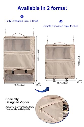 ELEZAY Hanging Packing Cubes Portable Closet 3-Shelf Travel Collapsible Compression Garment Organizer for Carry-on Luggage Suitcase Space Saver Bag XX-Large_No Side Pockets, Beige - color: Beige, size: XX-Large_16*12*24 IN