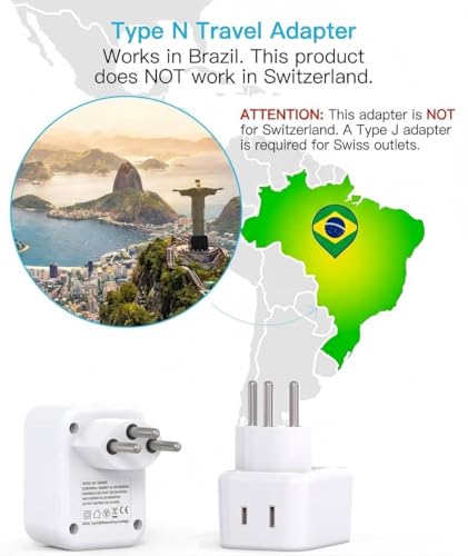 HANYCONY Brazil Power Adapter, Type N Plug Adapter with 2 Outlets 3 USB Ports (2 USB C), Travel Adapter for US to Brazil Brazilian Brasil - style: Type N - Brazil