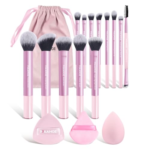 MAANGE 16PCS Makeup Brush Set Travel Makeup Brushes for Liquid Powder Contour Concealer Cream Cosmetics Blending Eyeshadow Eyeliner (Pink) - color: Pink