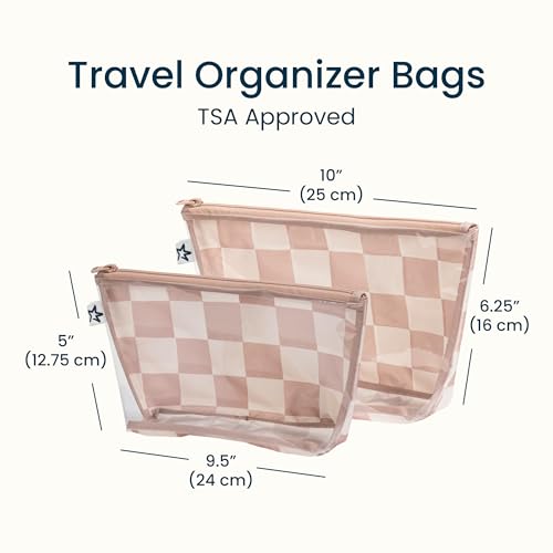 Tiny Twinkle Diaper Bag Organizing Pouches | 2 Pack Mess-Proof Travel Organizer Bags with Structured Bottom & Clear Front | TSA Approved Toiletry Bag Set for Baby and Mom Essentials (Beige Checkers) - color: Beige Checkers
