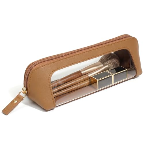 Clear Makeup Bag,PU Leather Mini Makeup Pouch Portable Makeup Brush Case Transparent Waterproof Cosmetic Organizer Pouch with Zipper for Women Home Travel Office Car Organizer and Storage(Slim, Brown) - color: Brown, style: Slim