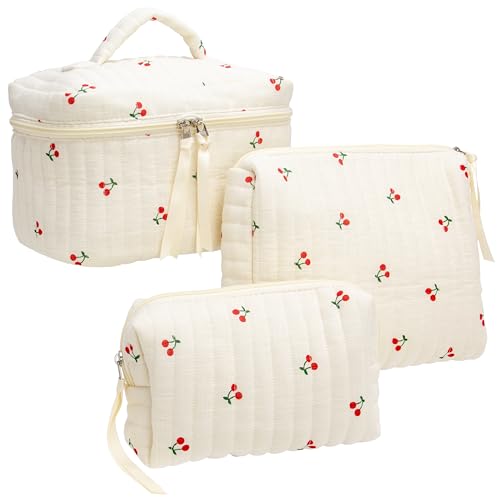 PAZIMIIK 3PCS Makeup Bag SET Large Travel Quilted Zipper Soft Cosmetic Case Pouch for Women Girls Make Up,Cherry Beige - color: Cherry Beige, size: 3 PCS SET