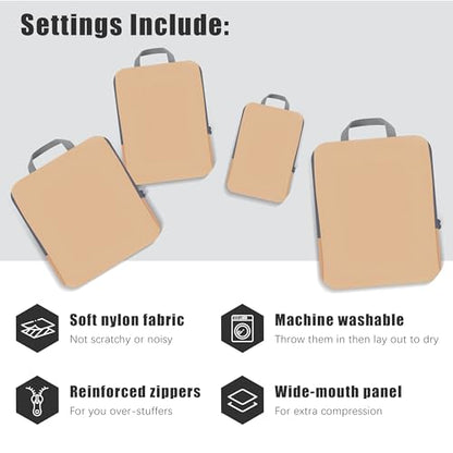 PANDA JOYS 4 Set Compression Packing Cubes Travel - Travel Accessories Expandable Packing Organizers for Carry On - Essentials Luggage Bags - Brown - color: Brown