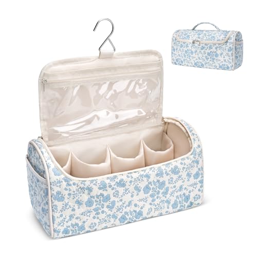 Quilted Hair Tools Travel Bag, Cute Portable Organizer Case with Hanging Hook, Compatible with Dyson Airwrap Styler,Hair Curler Accessories - color: Blue Flower