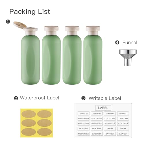 Empty Shampoo Bottles 6.7oz - Large Size Refillable Plastic Liquids Toiletry Containers - Empty Leak Proof Lotion Toiletries Dispenser - Green Flip Cap Top Body Wash and Cosmetic Set 4 Pack - color: Green