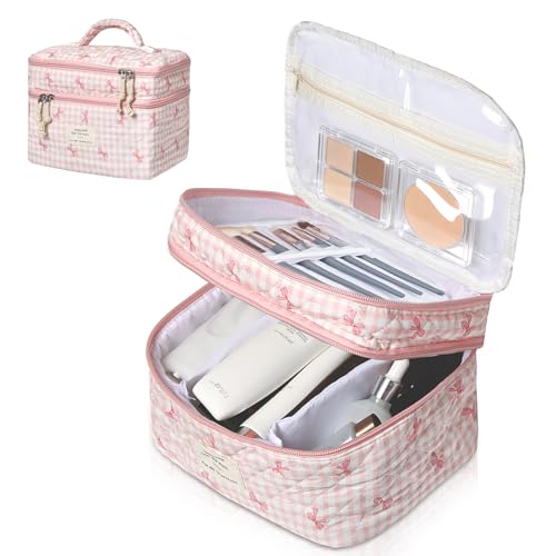 Gosect Makeup Bag, Portable Travel Make up Bag, Large Capacity Quilted Cosmetic Organizer Bag, Cute Floral Toiletry Bag for Women Girls (Pink Bow) - color: Pink Butterfly