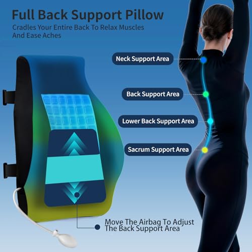 Adjustable Airbag Lumbar Support Pillow with Cooling Gel - Customizable Support for Upper Lower Back Pain Relief, Improves Posture, Memory Foam Back Cushion for Office Chair, Car/Truck Seat, Couch