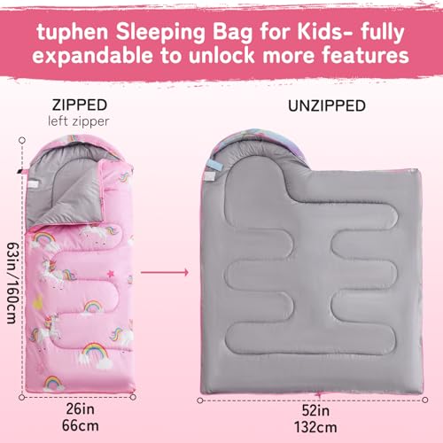 tuphen Kids Sleeping Bag - 50-77℉ 3-Season Waterproof Sleeping Bag for Boys & Girls, Lightweight 2.2 lbs Camping Gear with Compression Bag Ideal for Camping, Hiking, Indoor - color: Pink