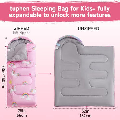 tuphen Kids Sleeping Bag - 50-77℉ 3-Season Waterproof Sleeping Bag for Boys & Girls, Lightweight 2.2 lbs Camping Gear with Compression Bag Ideal for Camping, Hiking, Indoor - color: Pink