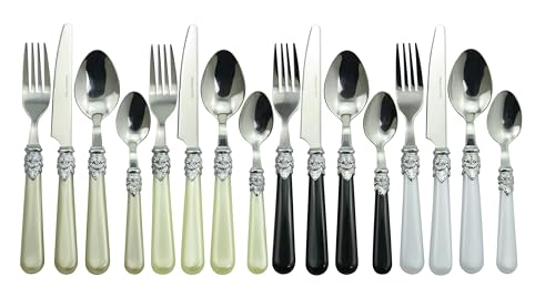 The Original Brink House Glam Mix & Match Stainless Steel Cutlery Set with Assorted Baroque Handles / 16 pieces with Metal Stand, Lifestyle utensils set for home, first apartment, dorm, dinner parties - color: Glam Assortment