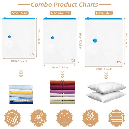 Travel Vacuum Bags with Rechargeable Pump,15 Pack Vacuum Storage Seal Bags for Clothing Suitcase Backpack, Space Saver Compression Clothes Storage Bag (15 Combo+ Electric Pump) - style: 15 Combo+ Electric Pump