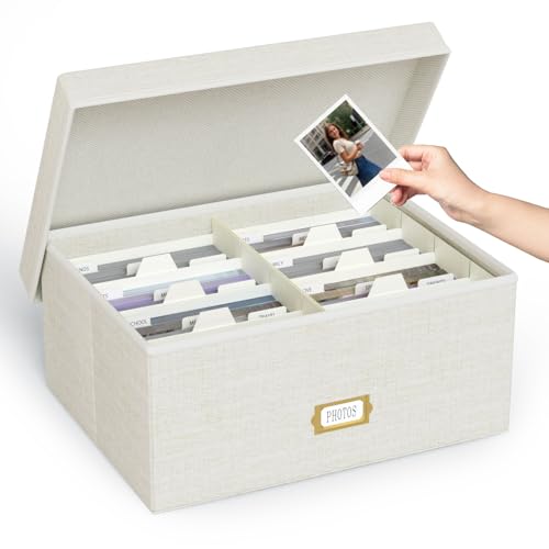 Decorative Photo Storage Box - Linen Photo Box Organizer with Dividers, Fits Holds Up to 1700 Pictures and 5x7 Photos, Memory Keepsake Organizer for Photos, Scrapbook Supplies, Cards, Stamps (Beige) - color: Beige, size: 5x7 (1 Pack)