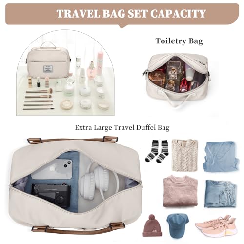 Weekender Bags for Women,Overnight Travel Duffel Bag with Shoes Compartment& Toiletry Bag,Extra Large(Beige & Brown) - color: Beige & Brown, size: Extra Large