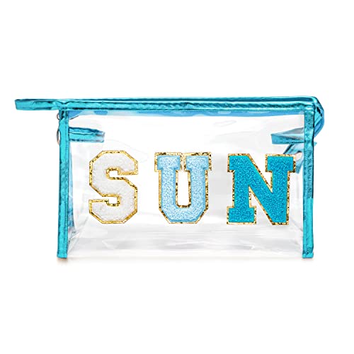 Y1tvei Preppy Patch SUN Varsity Letter Cosmetic Toiletry Bag Transparent PVC Zipper Makeup Bag Clutch Purse Portable Waterproof Travel Organizer Compliant Bag for Women Girls Teens (Blue) - color: Blue SUN Blue