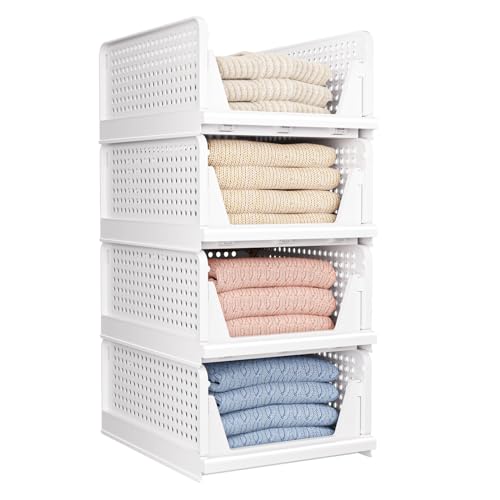 4 Pack Folding Closet Organizers Storage Box, Stackable Storage Bins, Plastic Drawer Basket Closet Storage for Wardrobe Cupboard Kitchen Bathroom Office White-4L - size: 4 PACK-L