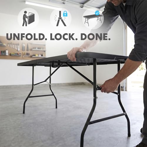 Simpli-Magic 8ft Portable Plastic Folding Table – Indoor & Outdoor Heavy-Duty Foldable Utility Table w/Handle for Party & Camping (Black) - size: 8 feet Table