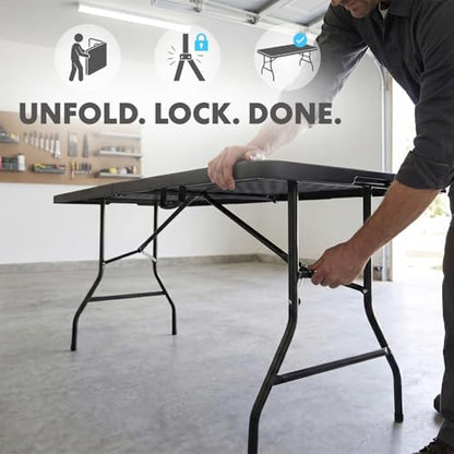 Simpli-Magic 8ft Portable Plastic Folding Table – Indoor & Outdoor Heavy-Duty Foldable Utility Table w/Handle for Party & Camping (Black) - size: 8 feet Table